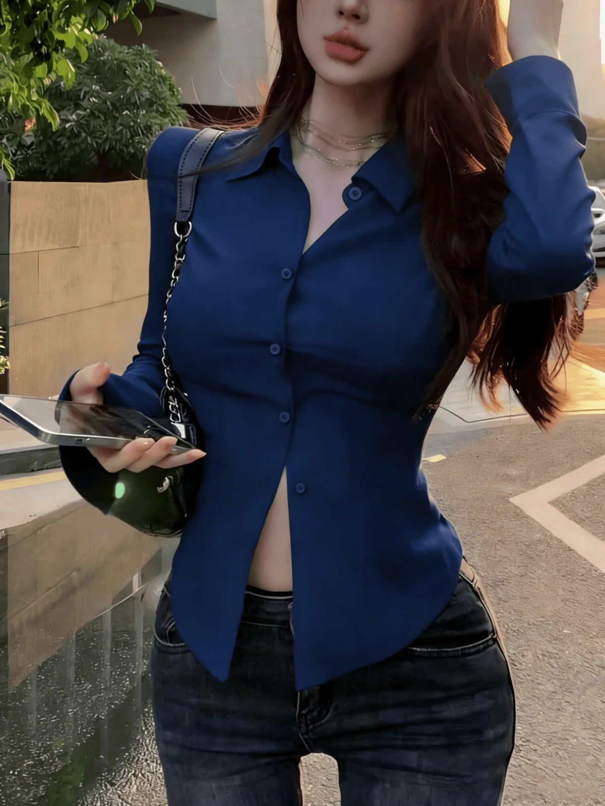 Elegant Women's Solid Color Shirt With Unique Back Tie And Front Button Details- Long Sleeve, Suitable For All Seasons