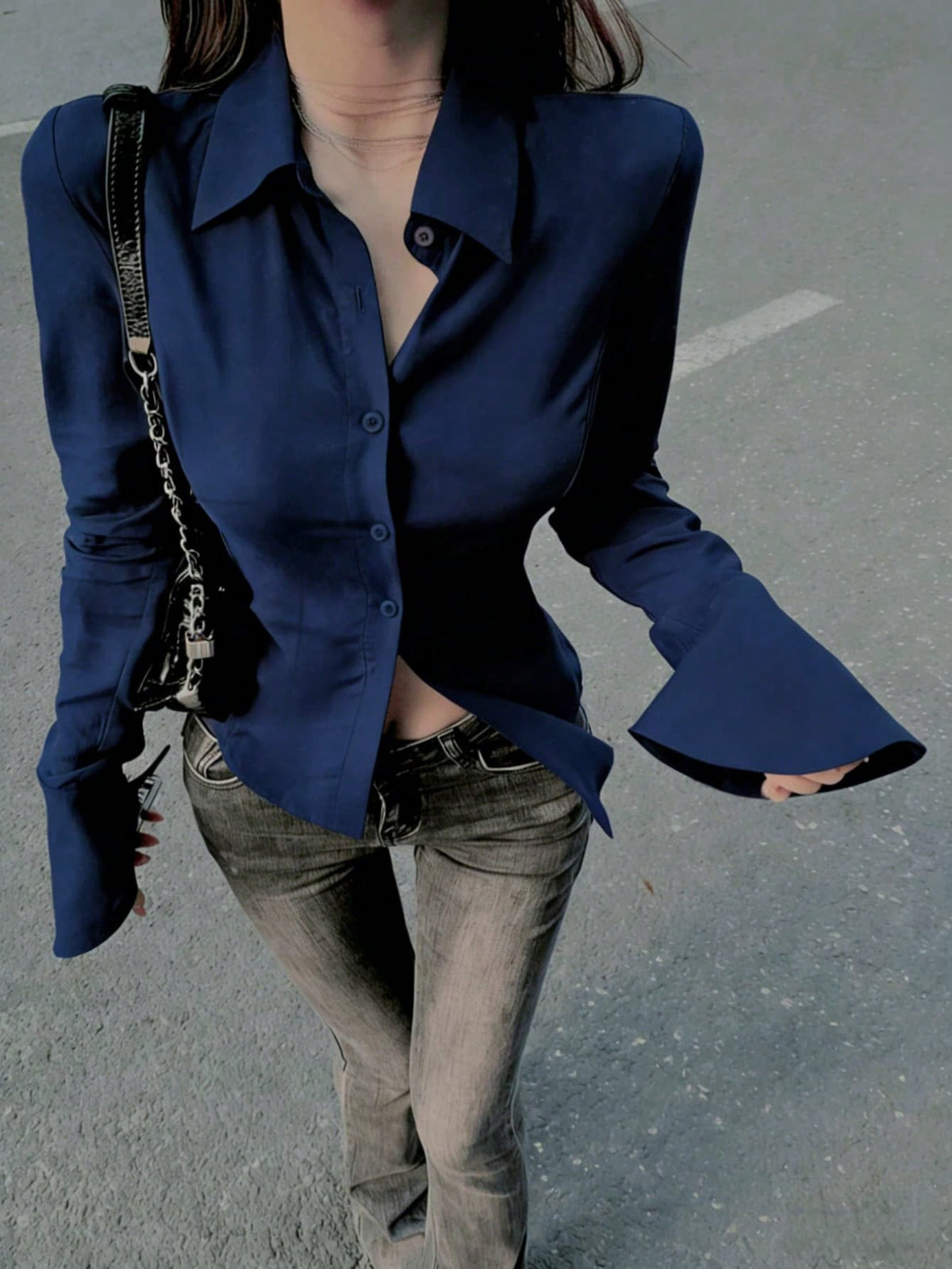 Elegant Women's Solid Color Shirt With Unique Back Tie And Front Button Details- Long Sleeve, Suitable For All Seasons