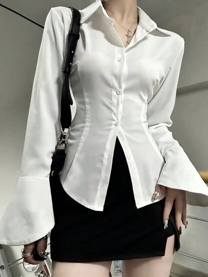 Elegant Women's Solid Color Shirt With Unique Back Tie And Front Button Details- Long Sleeve, Suitable For All Seasons