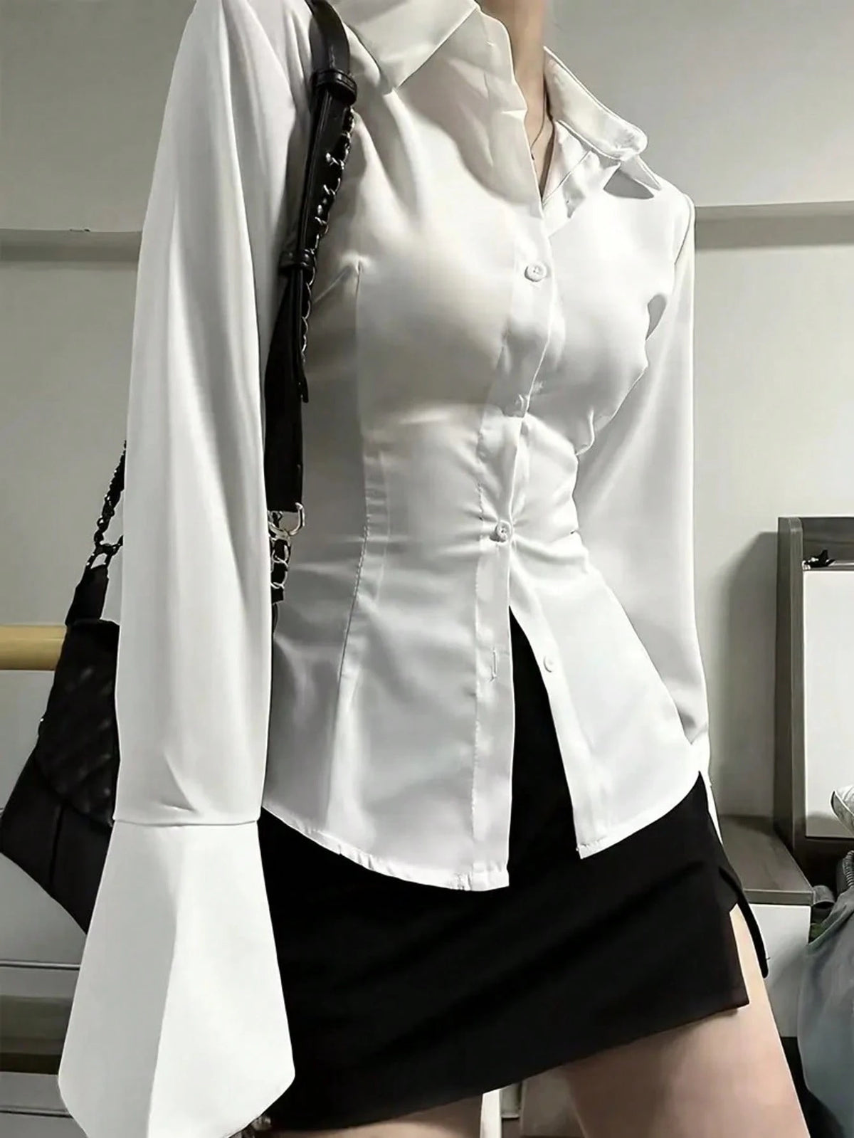 Elegant Women's Solid Color Shirt With Unique Back Tie And Front Button Details- Long Sleeve, Suitable For All Seasons