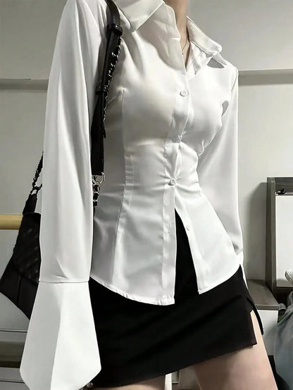 Elegant Women's Solid Color Shirt With Unique Back Tie And Front Button Details- Long Sleeve, Suitable For All Seasons