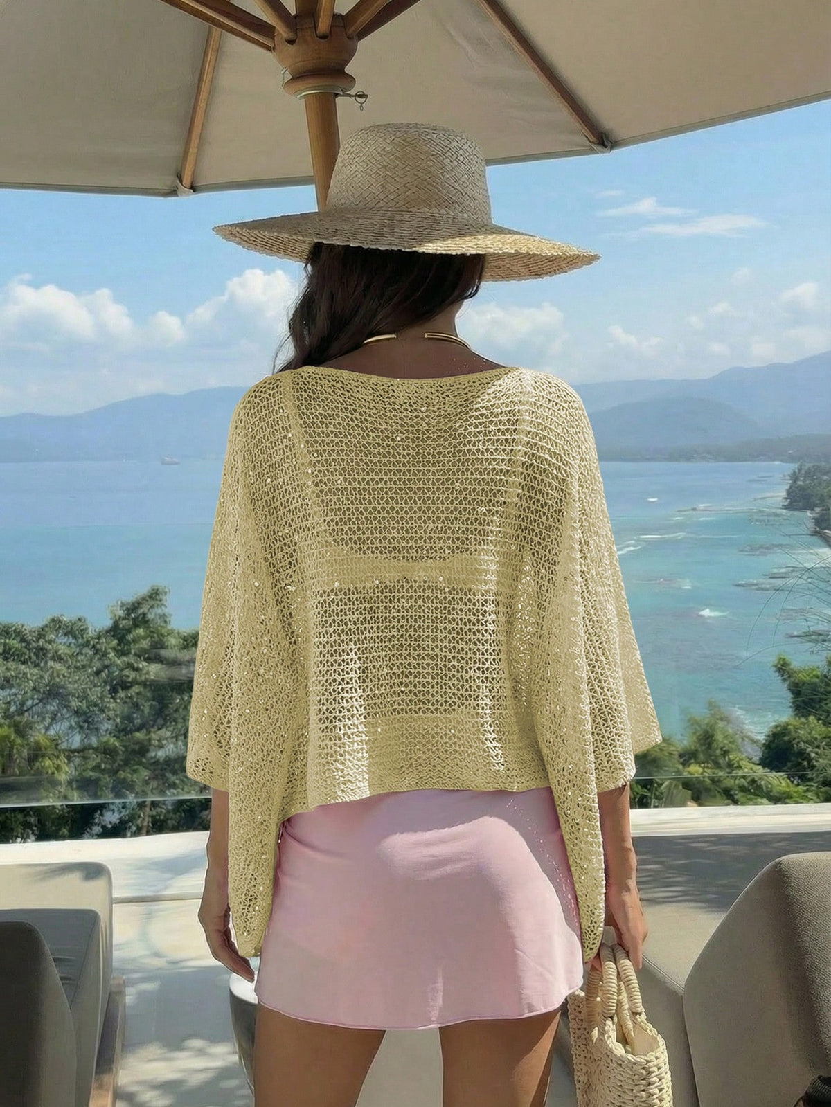 Elegant Women's Spring/Summer Fashion Casual Vacation Beach Pink Knit Hollow-Out Sequin Boat Neck Solid Semi-Sheer Hooded Top Yellow