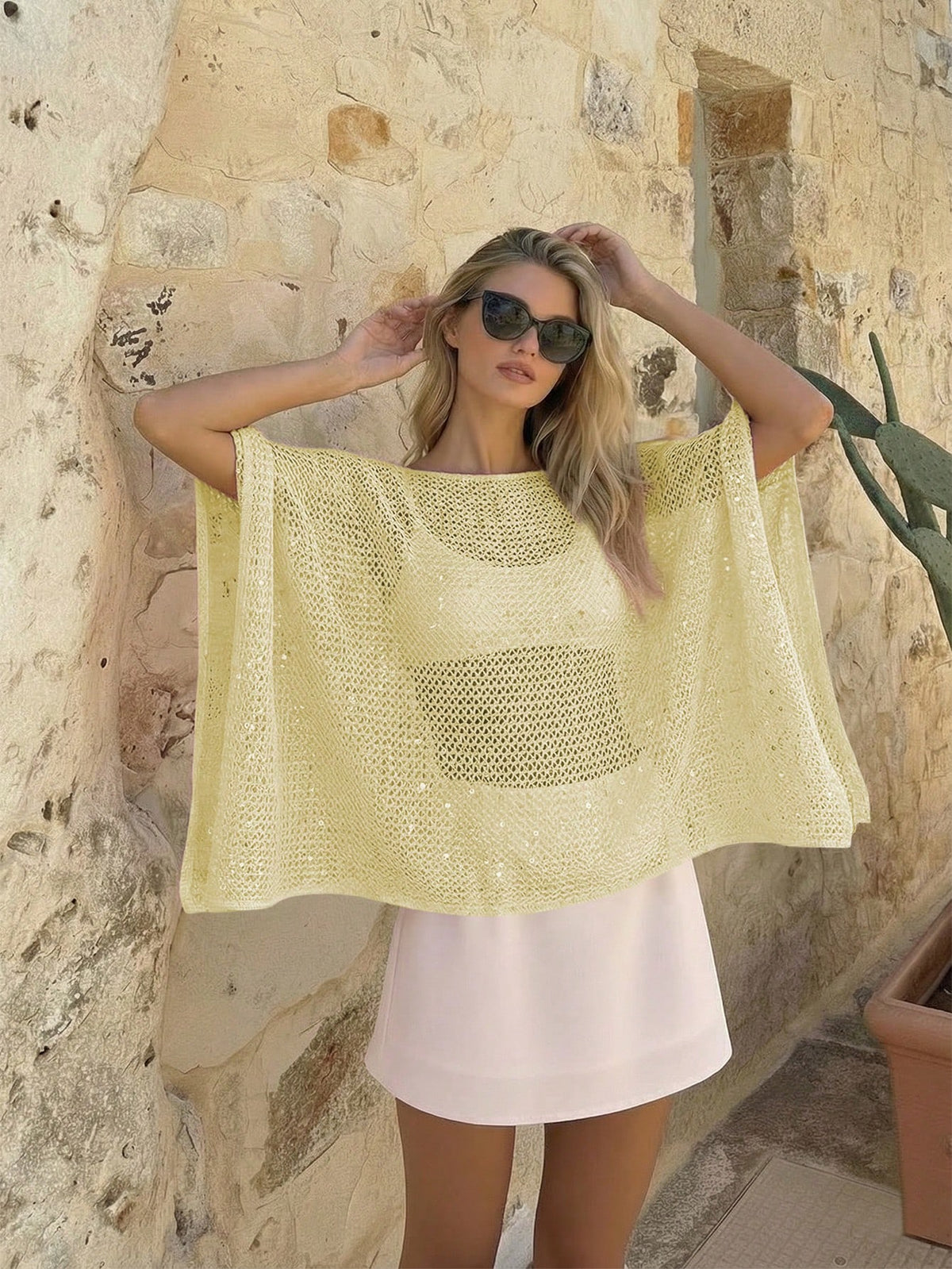 Elegant Women's Spring/Summer Fashion Casual Vacation Beach Pink Knit Hollow-Out Sequin Boat Neck Solid Semi-Sheer Hooded Top Yellow