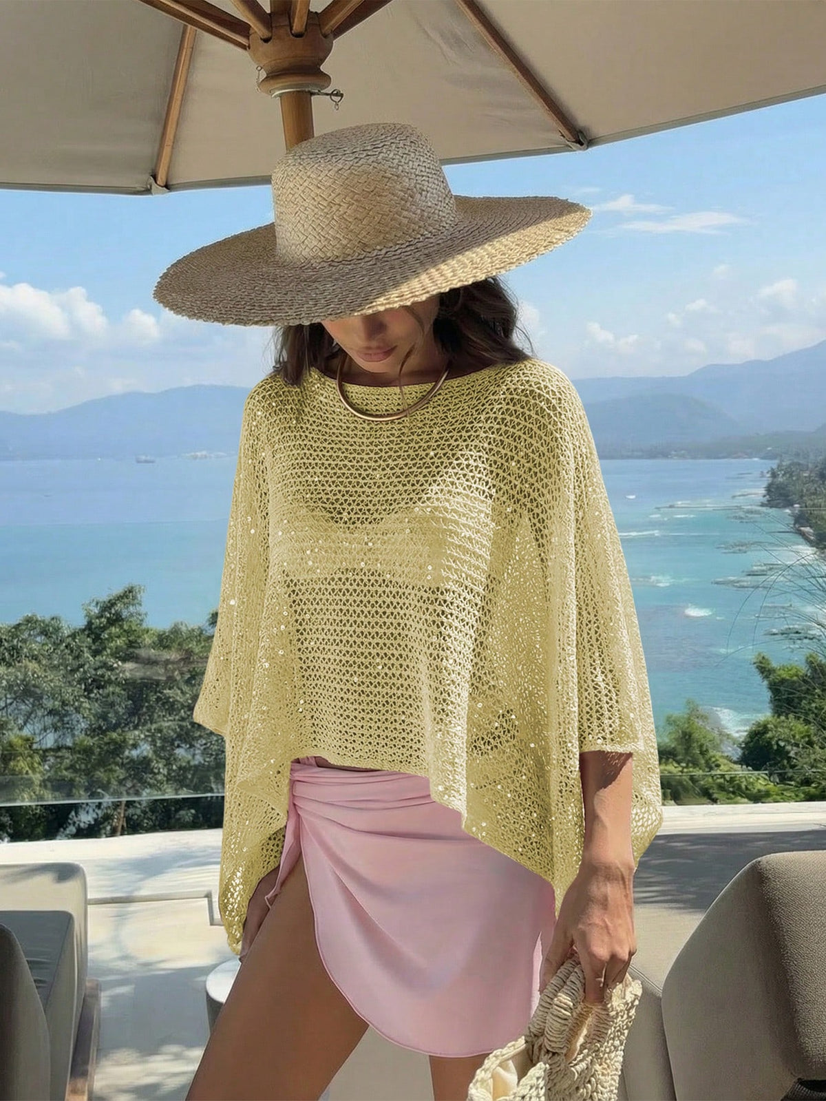 Elegant Women's Spring/Summer Fashion Casual Vacation Beach Pink Knit Hollow-Out Sequin Boat Neck Solid Semi-Sheer Hooded Top Yellow