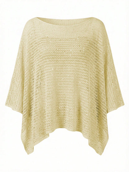 Elegant Women's Spring/Summer Fashion Casual Vacation Beach Pink Knit Hollow-Out Sequin Boat Neck Solid Semi-Sheer Hooded Top Yellow