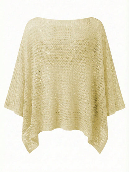 Elegant Women's Spring/Summer Fashion Casual Vacation Beach Pink Knit Hollow-Out Sequin Boat Neck Solid Semi-Sheer Hooded Top Yellow