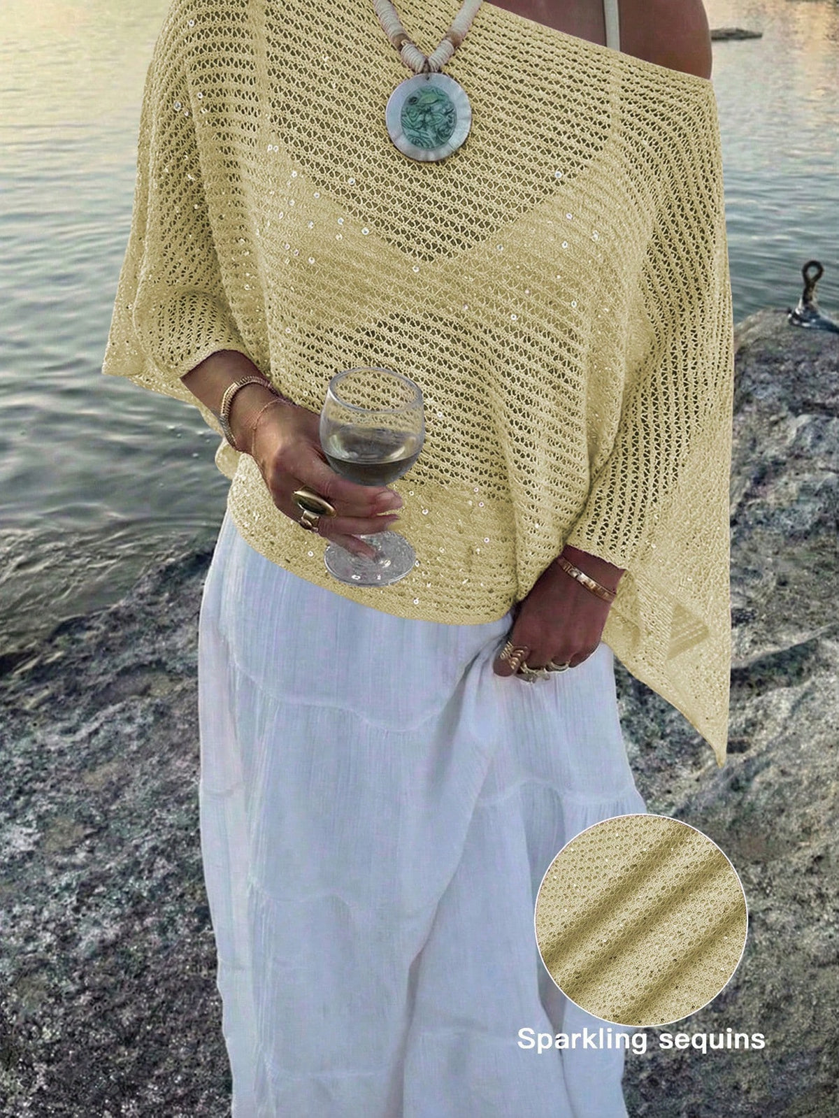 Elegant Women's Spring/Summer Fashion Casual Vacation Beach Pink Knit Hollow-Out Sequin Boat Neck Solid Semi-Sheer Hooded Top Yellow