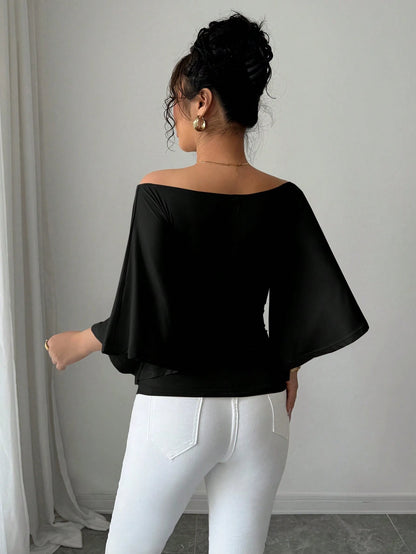 Elenzga Knit High Elasticity Flared Sleeve Solid Color Off Shoulder Elegant Women T-Shirt