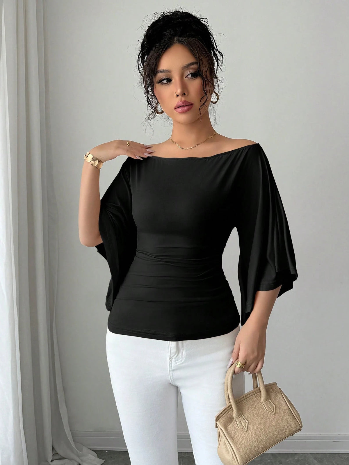 Elenzga Knit High Elasticity Flared Sleeve Solid Color Off Shoulder Elegant Women T-Shirt
