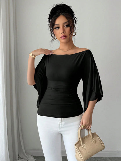 Elenzga Knit High Elasticity Flared Sleeve Solid Color Off Shoulder Elegant Women T-Shirt