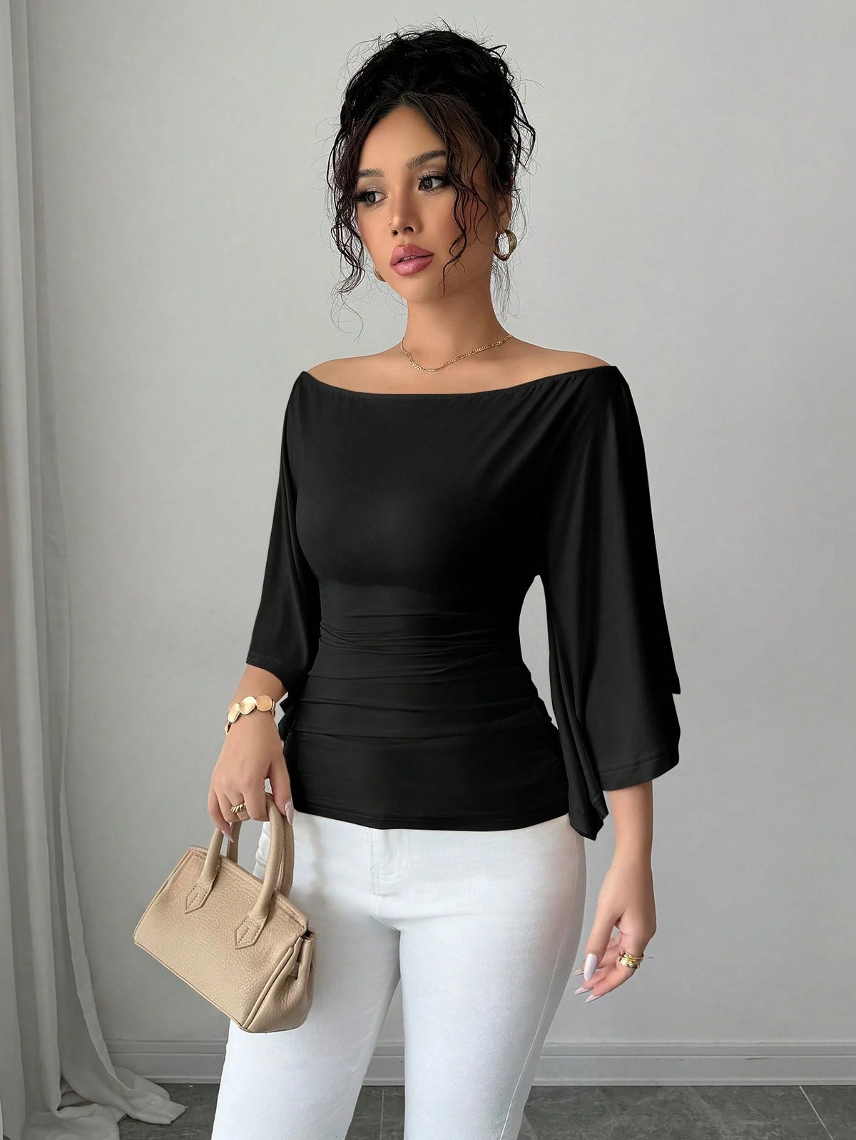 Elenzga Knit High Elasticity Flared Sleeve Solid Color Off Shoulder Elegant Women T-Shirt