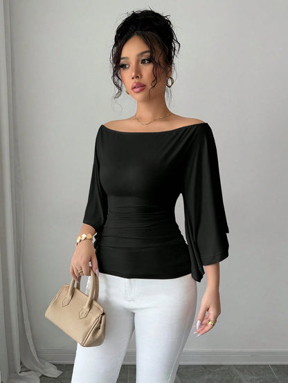 Elenzga Knit High Elasticity Flared Sleeve Solid Color Off Shoulder Elegant Women T-Shirt