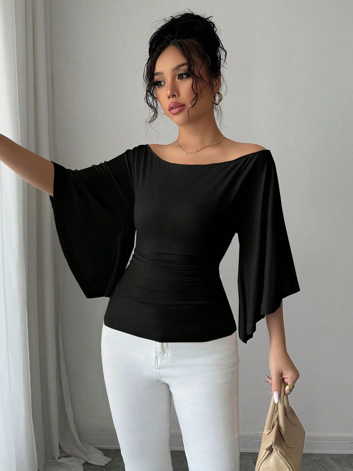 Elenzga Knit High Elasticity Flared Sleeve Solid Color Off Shoulder Elegant Women T-Shirt