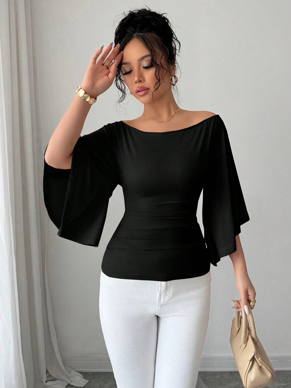 Elenzga Knit High Elasticity Flared Sleeve Solid Color Off Shoulder Elegant Women T-Shirt