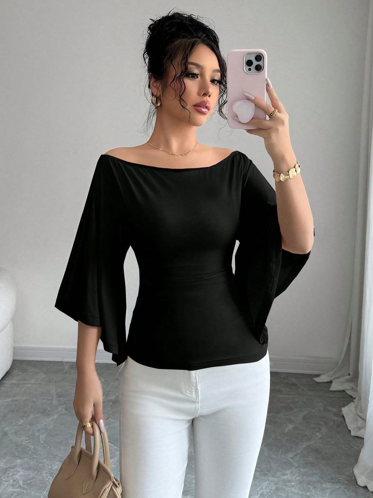 Elenzga Knit High Elasticity Flared Sleeve Solid Color Off Shoulder Elegant Women T-Shirt