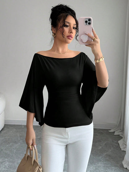 Elenzga Knit High Elasticity Flared Sleeve Solid Color Off Shoulder Elegant Women T-Shirt