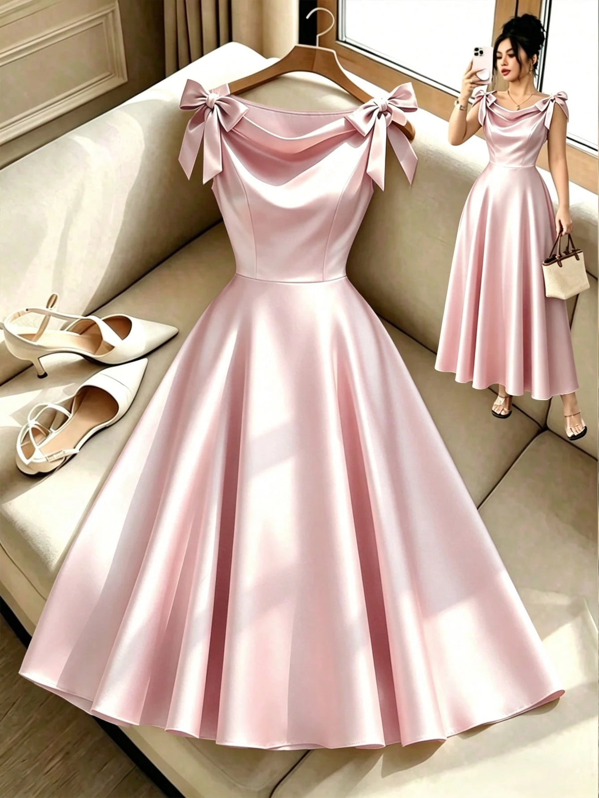 Elenzga New Arrival Woven Sleeveless Dress With Bow Decor, Elegant Daily Wear Midi Dress For Women