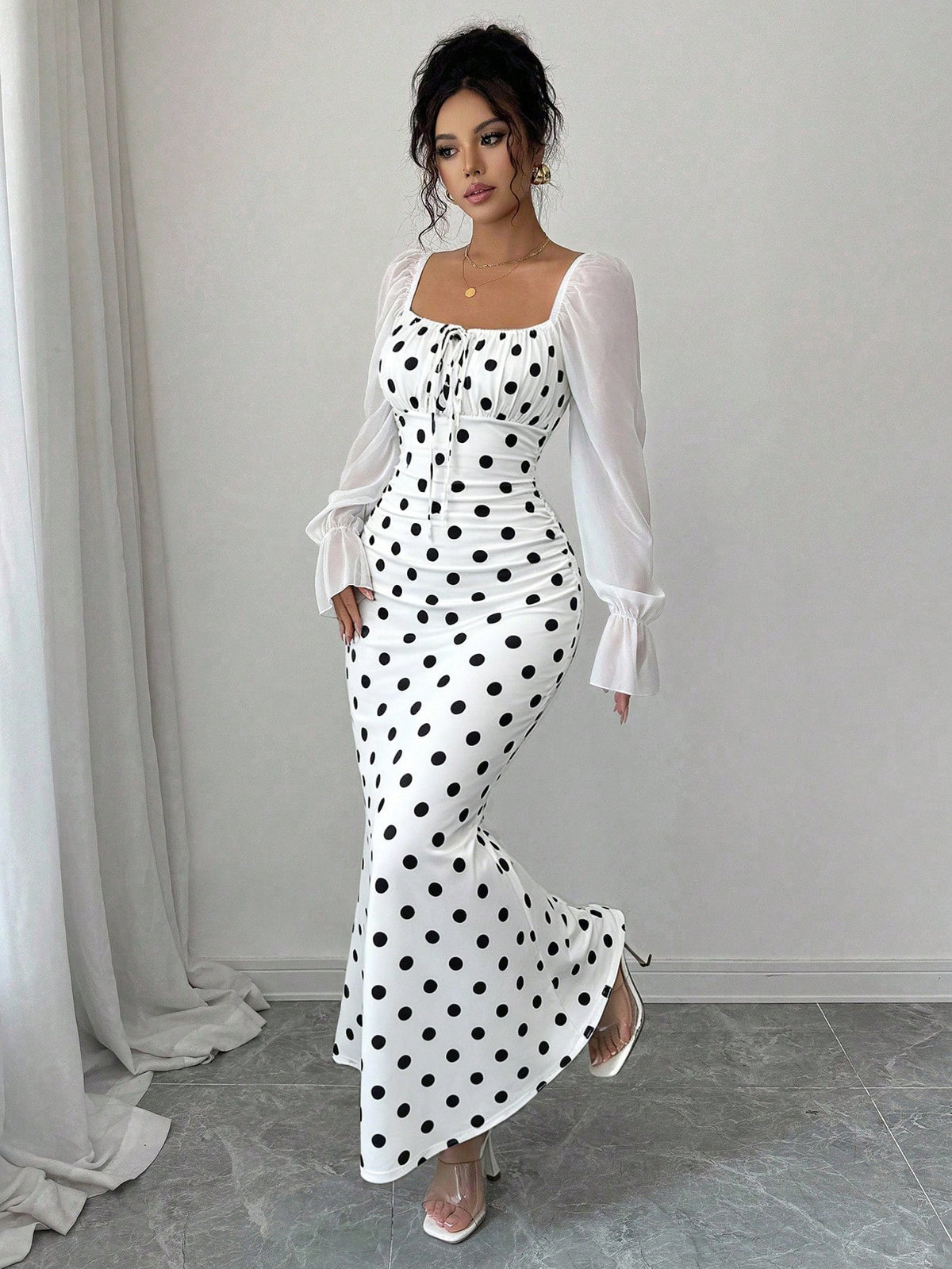 Elenzga New Women's Square Neck Tie Bow Chiffon Puff Sleeve Design Dress, Versatile For Dates, Gatherings, Daily Wear, Waist Cinching, Flattering, Elegant, Youthful, Long Length