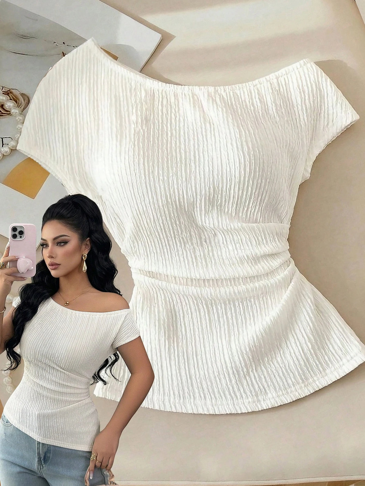 Elenzga Off-White Knitted Textured Chiffon Asymmetric Shoulder Sleeveless Elastic Waist Ruched Hem Slim T-Shirt,Elegant Summer Casual Date