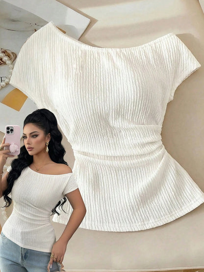 Elenzga Off-White Knitted Textured Chiffon Asymmetric Shoulder Sleeveless Elastic Waist Ruched Hem Slim T-Shirt,Elegant Summer Casual Date