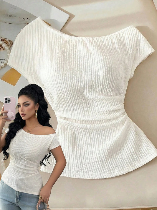 Elenzga Off-White Knitted Textured Chiffon Asymmetric Shoulder Sleeveless Elastic Waist Ruched Hem Slim T-Shirt,Elegant Summer Casual Date