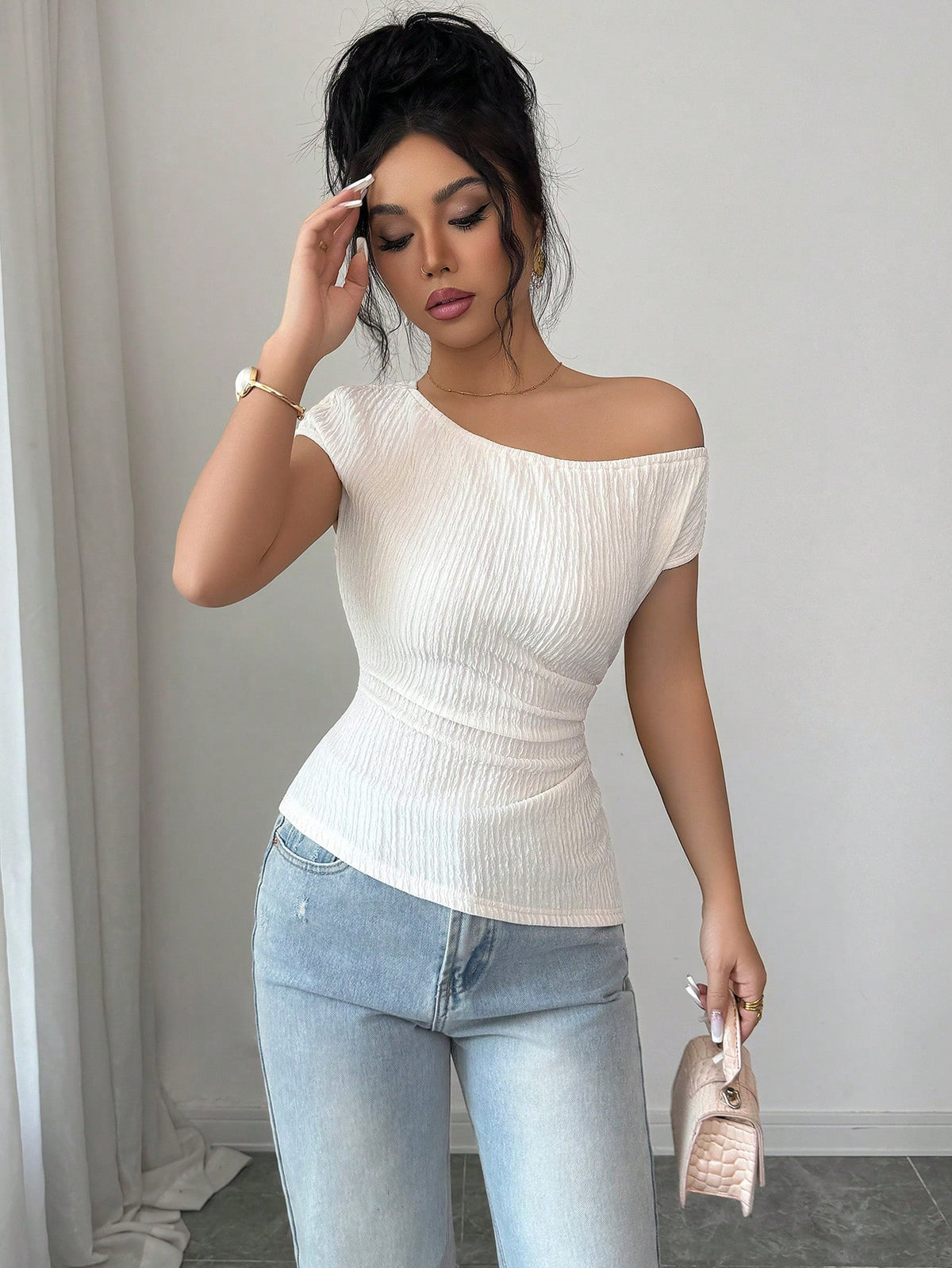 Elenzga Off-White Knitted Textured Chiffon Asymmetric Shoulder Sleeveless Elastic Waist Ruched Hem Slim T-Shirt,Elegant Summer Casual Date