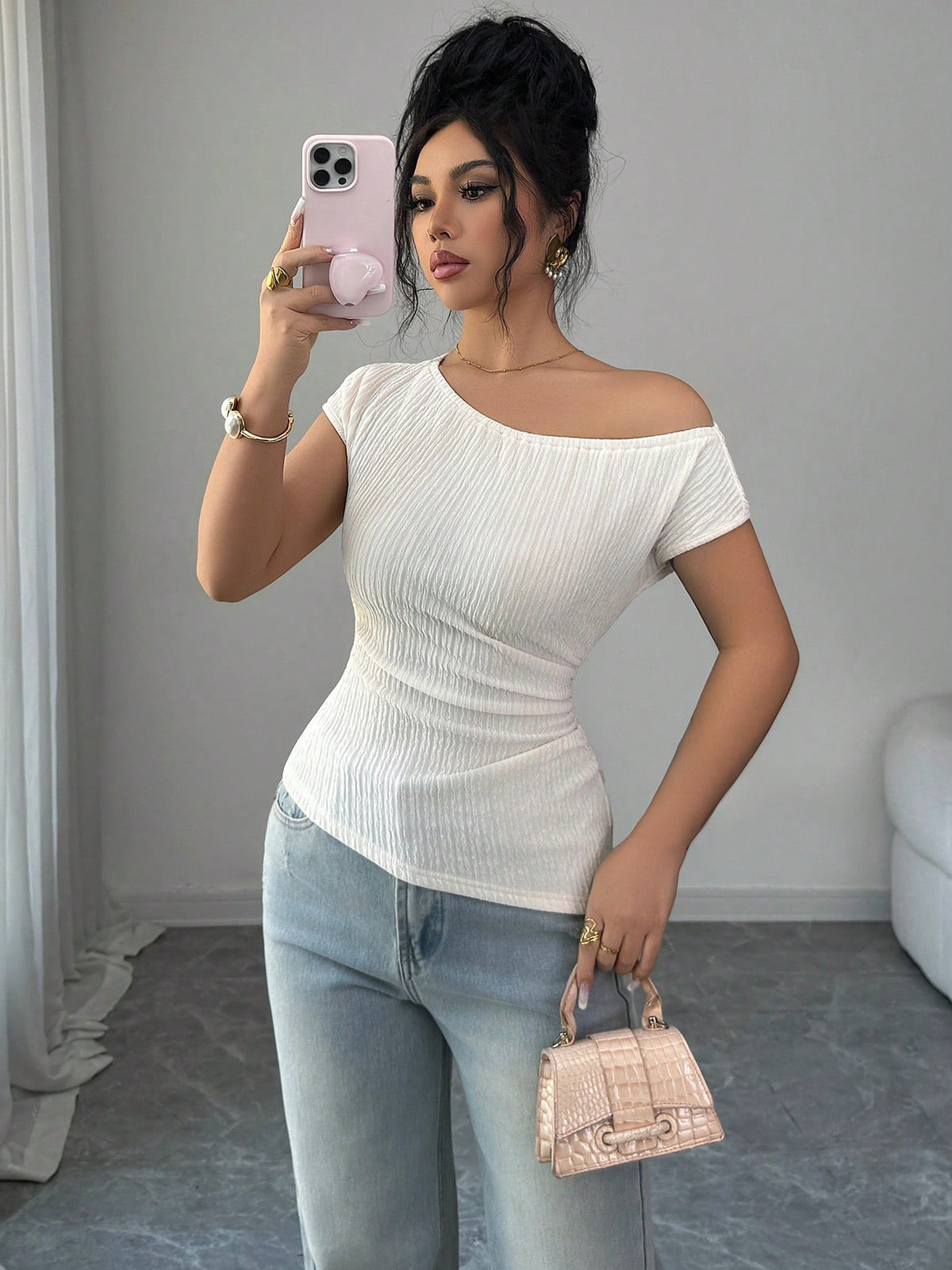 Elenzga Off-White Knitted Textured Chiffon Asymmetric Shoulder Sleeveless Elastic Waist Ruched Hem Slim T-Shirt,Elegant Summer Casual Date