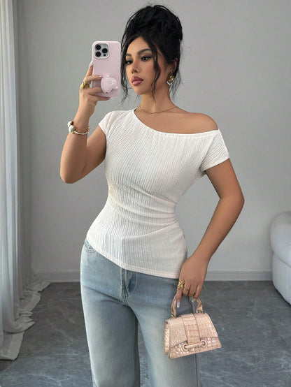 Elenzga Off-White Knitted Textured Chiffon Asymmetric Shoulder Sleeveless Elastic Waist Ruched Hem Slim T-Shirt,Elegant Summer Casual Date