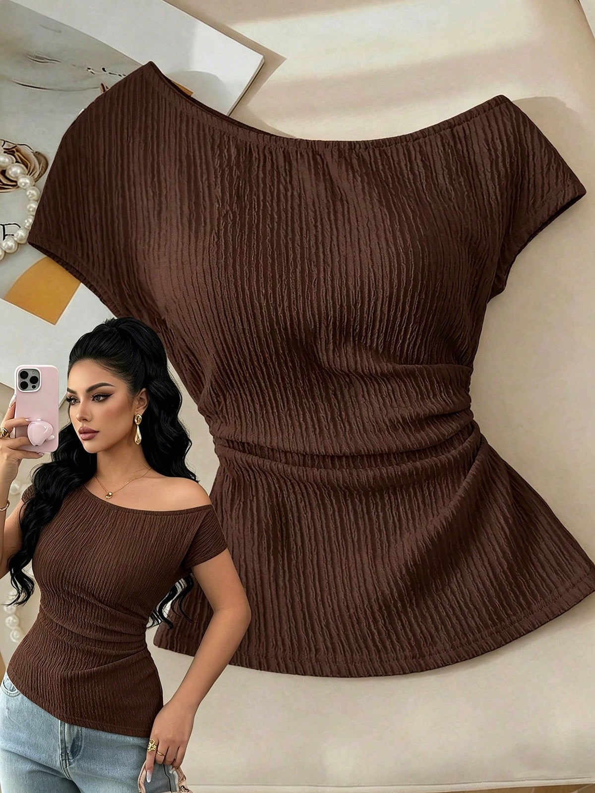 Elenzga Off-White Knitted Textured Chiffon Asymmetric Shoulder Sleeveless Elastic Waist Ruched Hem Slim T-Shirt,Elegant Summer Casual Date