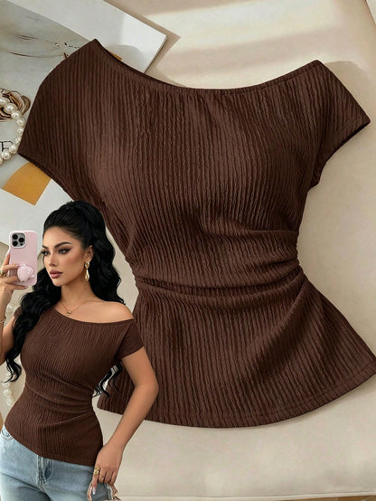 Elenzga Off-White Knitted Textured Chiffon Asymmetric Shoulder Sleeveless Elastic Waist Ruched Hem Slim T-Shirt,Elegant Summer Casual Date
