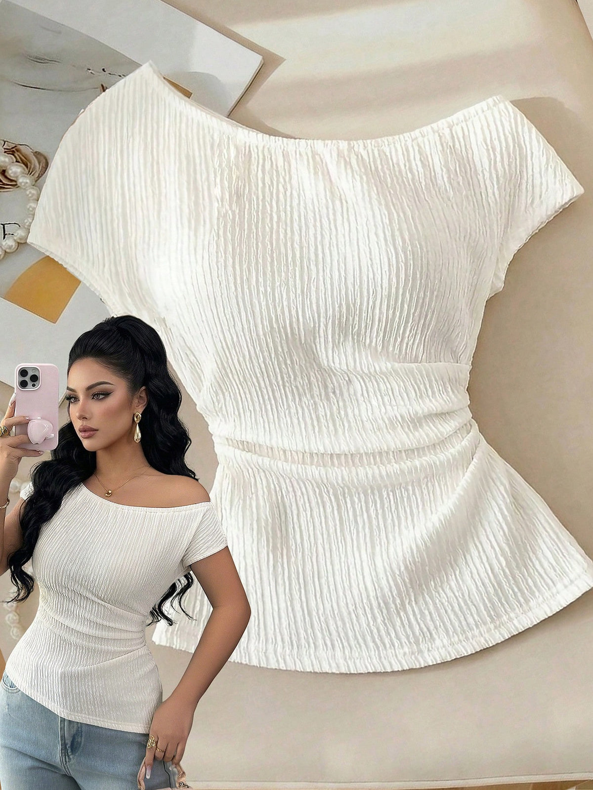 Elenzga Off-White Knitted Textured Chiffon Asymmetric Shoulder Sleeveless Elastic Waist Ruched Hem Slim T-Shirt,Elegant Summer Casual Date