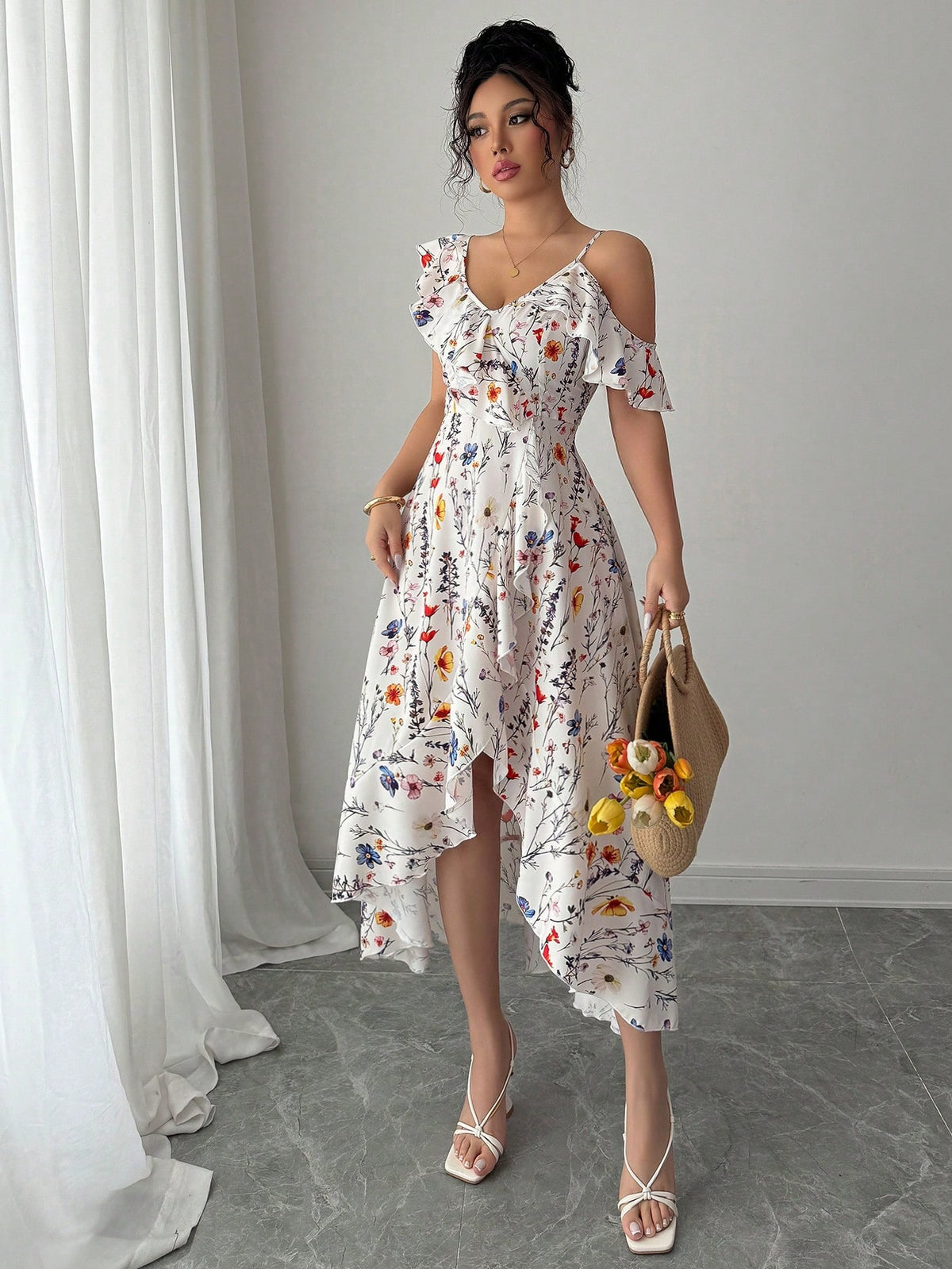 Elenzga Summer Elegant Asymmetrical Ruffle Flower Print Dress
