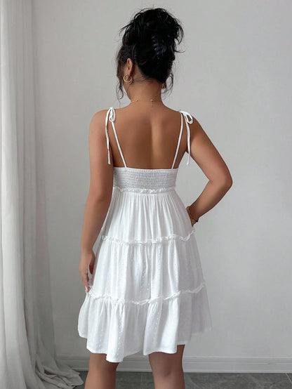 Elenzga Swiss Dot Frill Trim Cami Dress Vacation Beach Outfits Women