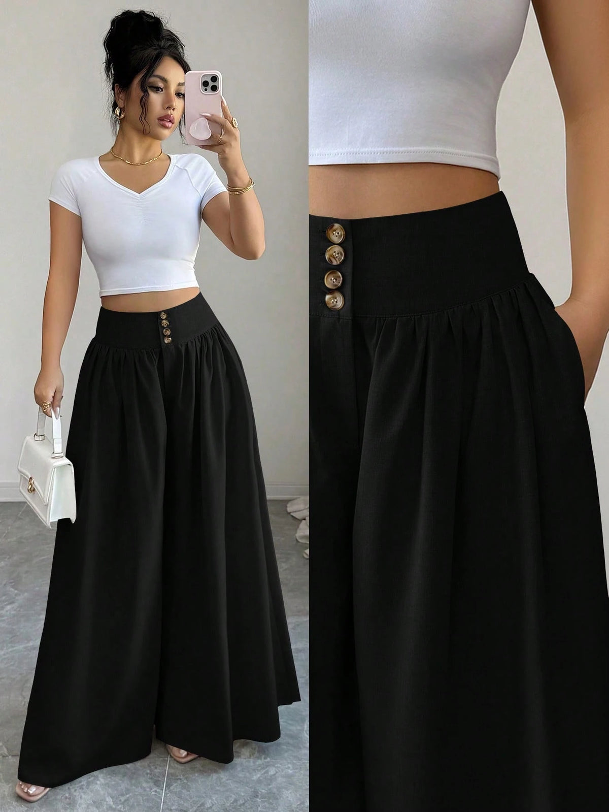 Elenzga Women's Black Summer Classy Elegant Brunch Wide Leg Pants,Floral Buckle Design Loose Flowy Palazzo Trousers,Linen Khaki Color Casual Fashion Pants