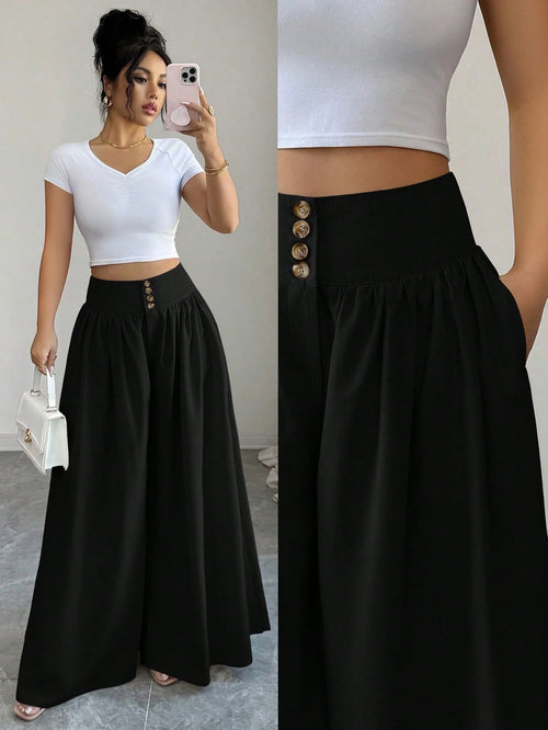 Elenzga Women's Black Summer Classy Elegant Brunch Wide Leg Pants,Floral Buckle Design Loose Flowy Palazzo Trousers,Linen Khaki Color Casual Fashion Pants