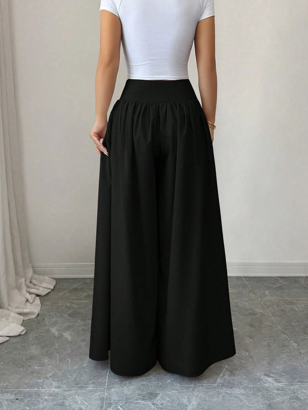 Elenzga Women's Black Summer Classy Elegant Brunch Wide Leg Pants,Floral Buckle Design Loose Flowy Palazzo Trousers,Linen Khaki Color Casual Fashion Pants