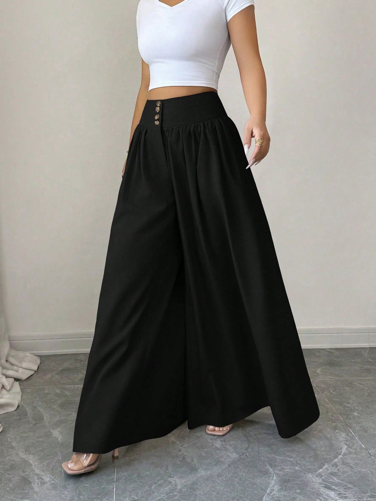 Elenzga Women's Black Summer Classy Elegant Brunch Wide Leg Pants,Floral Buckle Design Loose Flowy Palazzo Trousers,Linen Khaki Color Casual Fashion Pants