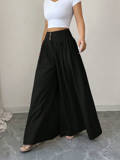 Elenzga Women's Black Summer Classy Elegant Brunch Wide Leg Pants,Floral Buckle Design Loose Flowy Palazzo Trousers,Linen Khaki Color Casual Fashion Pants