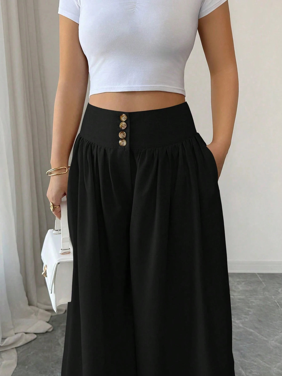 Elenzga Women's Black Summer Classy Elegant Brunch Wide Leg Pants,Floral Buckle Design Loose Flowy Palazzo Trousers,Linen Khaki Color Casual Fashion Pants