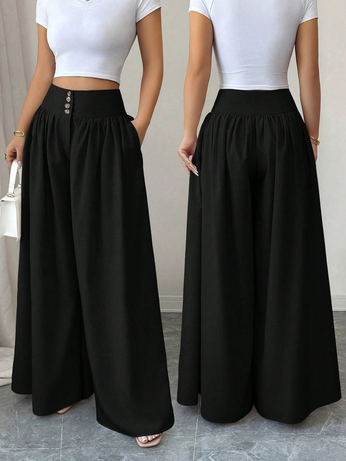 Elenzga Women's Black Summer Classy Elegant Brunch Wide Leg Pants,Floral Buckle Design Loose Flowy Palazzo Trousers,Linen Khaki Color Casual Fashion Pants