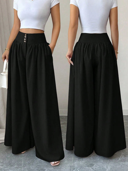 Elenzga Women's Black Summer Classy Elegant Brunch Wide Leg Pants,Floral Buckle Design Loose Flowy Palazzo Trousers,Linen Khaki Color Casual Fashion Pants
