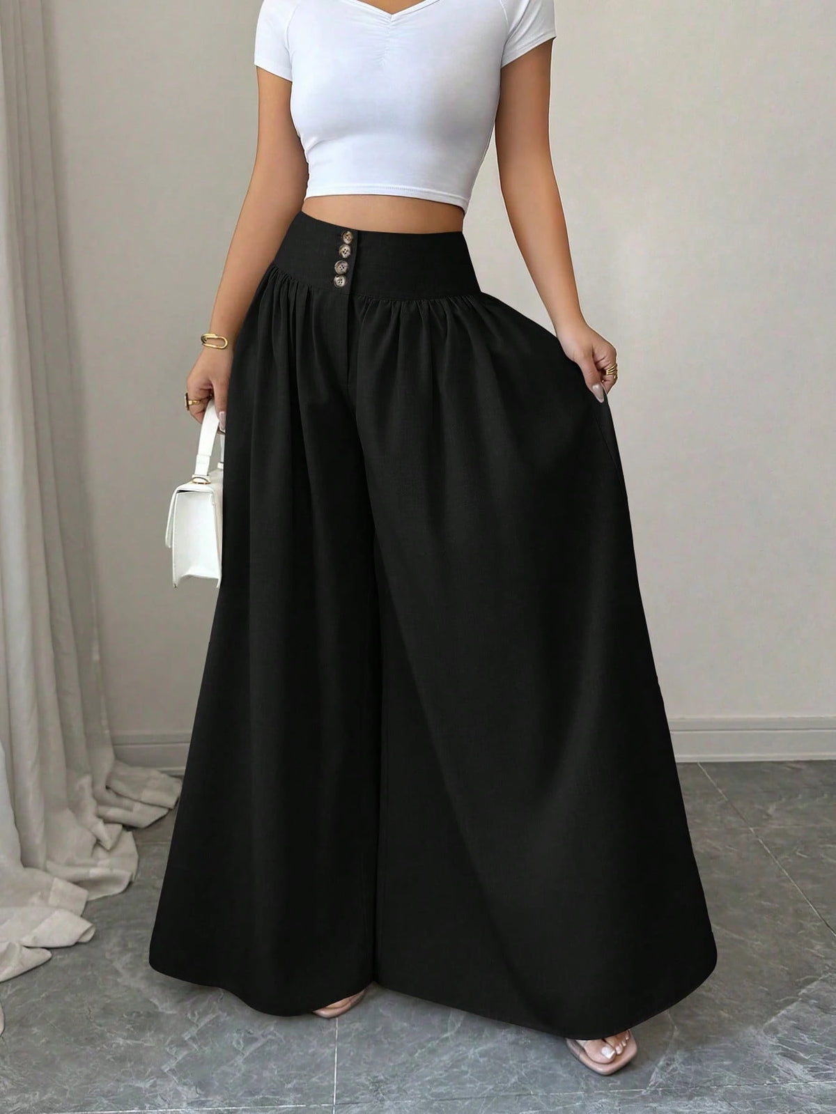 Elenzga Women's Black Summer Classy Elegant Brunch Wide Leg Pants,Floral Buckle Design Loose Flowy Palazzo Trousers,Linen Khaki Color Casual Fashion Pants