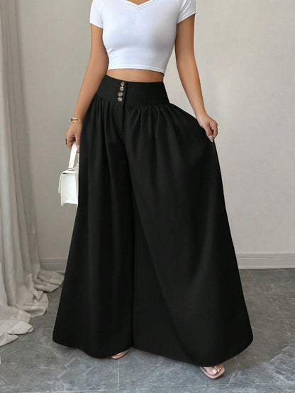 Elenzga Women's Black Summer Classy Elegant Brunch Wide Leg Pants,Floral Buckle Design Loose Flowy Palazzo Trousers,Linen Khaki Color Casual Fashion Pants