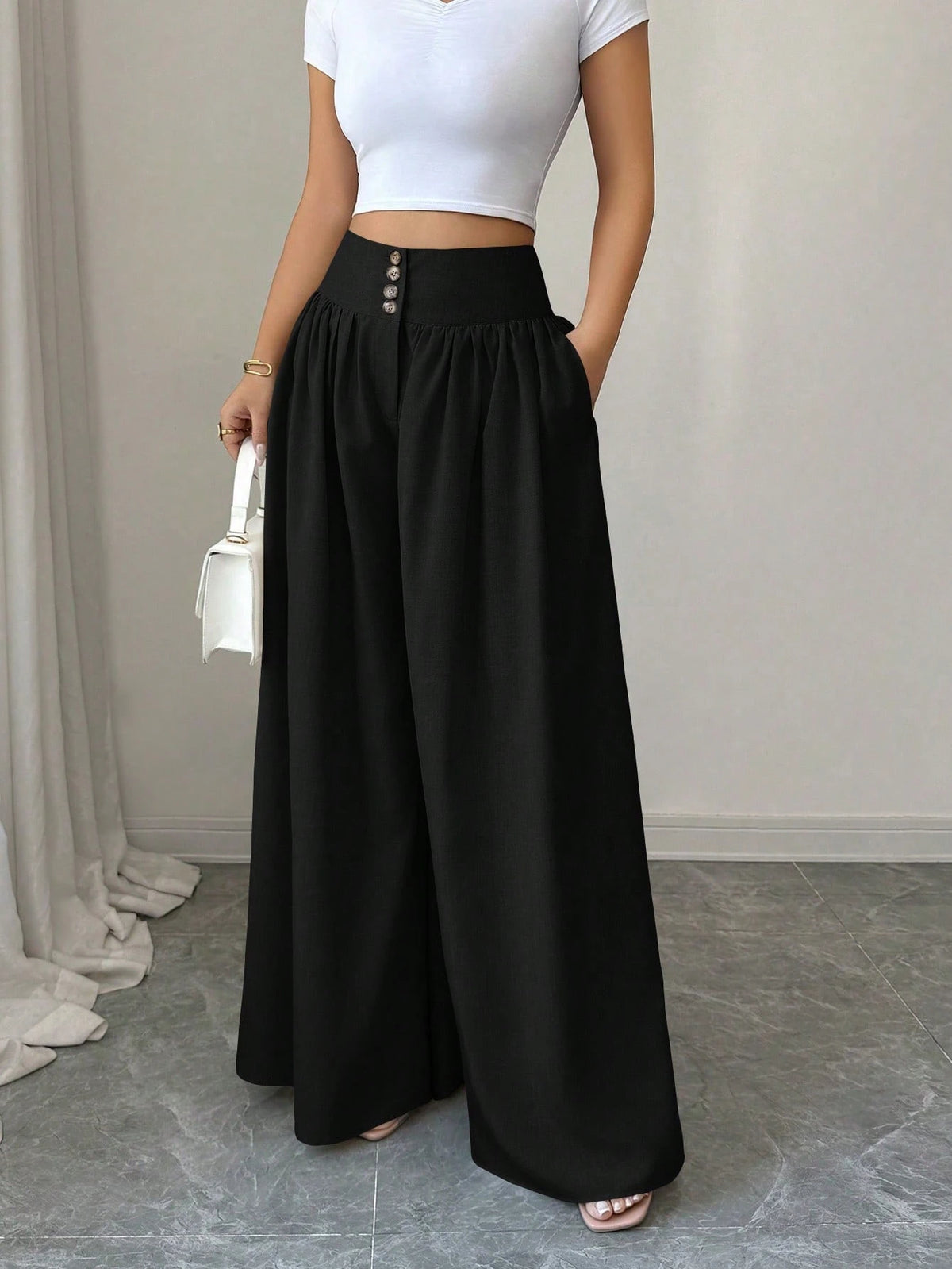 Elenzga Women's Black Summer Classy Elegant Brunch Wide Leg Pants,Floral Buckle Design Loose Flowy Palazzo Trousers,Linen Khaki Color Casual Fashion Pants