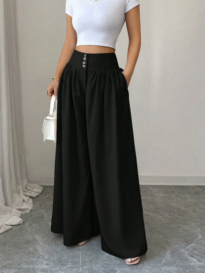 Elenzga Women's Black Summer Classy Elegant Brunch Wide Leg Pants,Floral Buckle Design Loose Flowy Palazzo Trousers,Linen Khaki Color Casual Fashion Pants