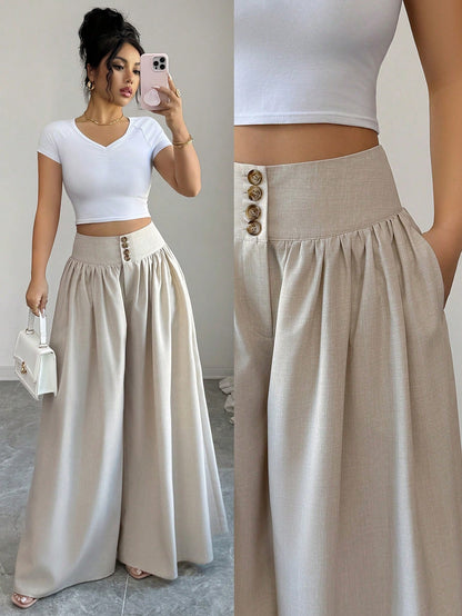 Elenzga Women's Black Summer Classy Elegant Brunch Wide Leg Pants,Floral Buckle Design Loose Flowy Palazzo Trousers,Linen Khaki Color Casual Fashion Pants