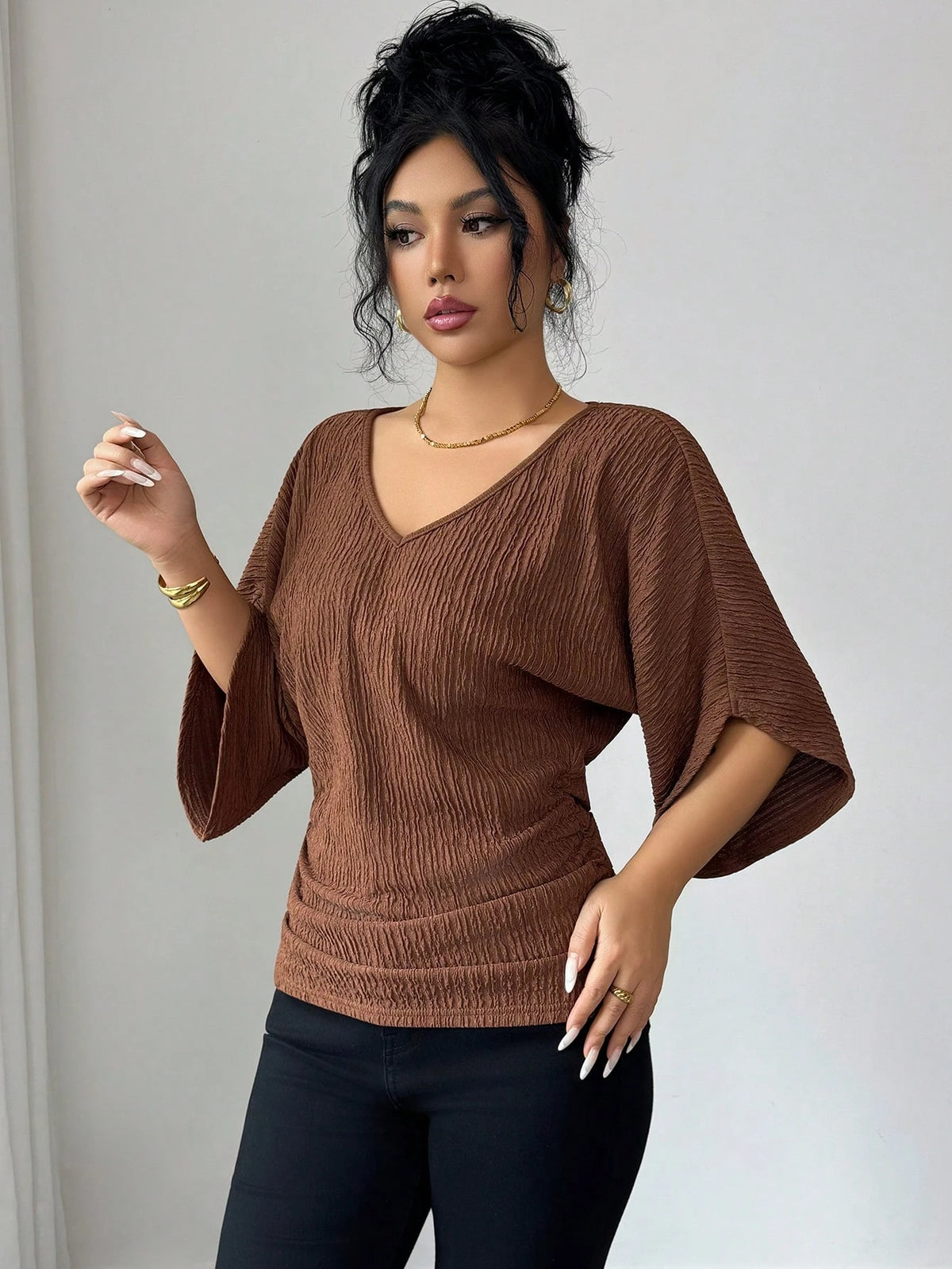 Elenzga Women's Coffee Brown Textured Fabric V-Neck Loose Waist Ruched Design Elegant Classy Autumn Elegant Tea Party Holiday Vacation Streetwear Top
