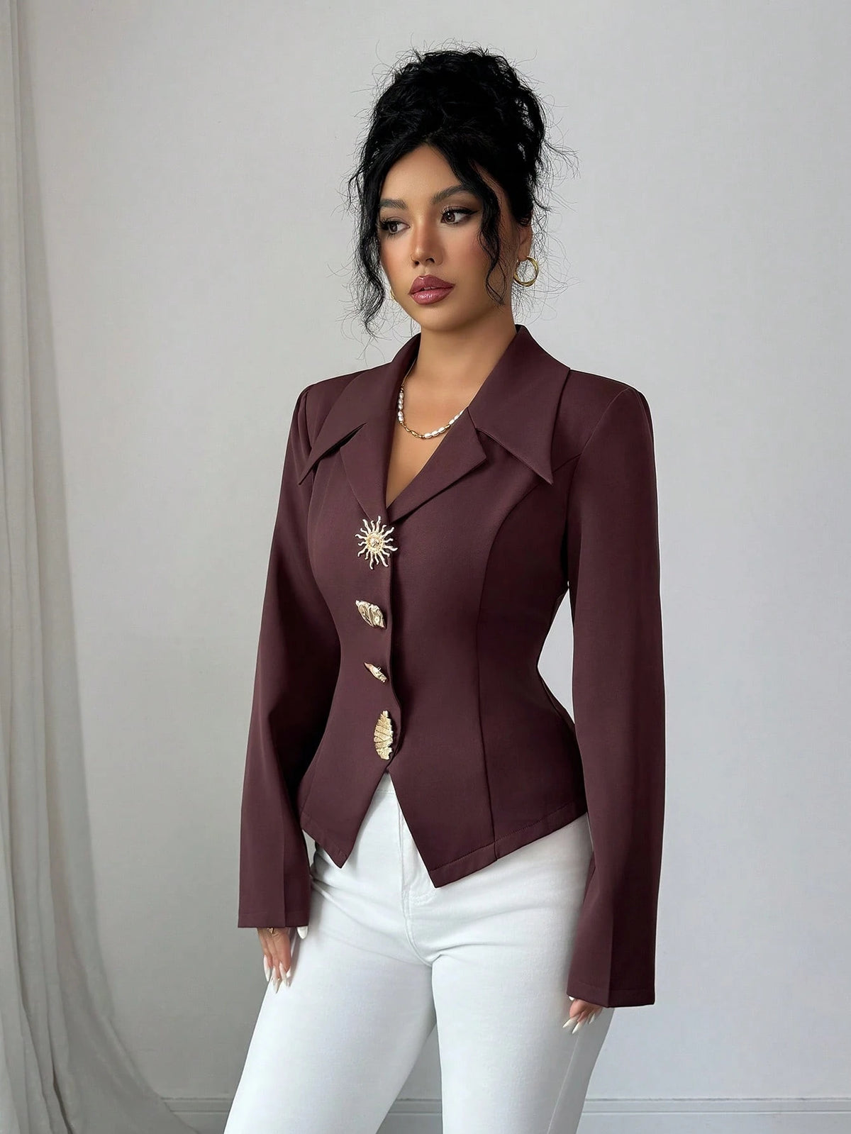 Elenzga Women's Elegant Metallic Decor Collar Slim Fit Long Sleeve Blouse