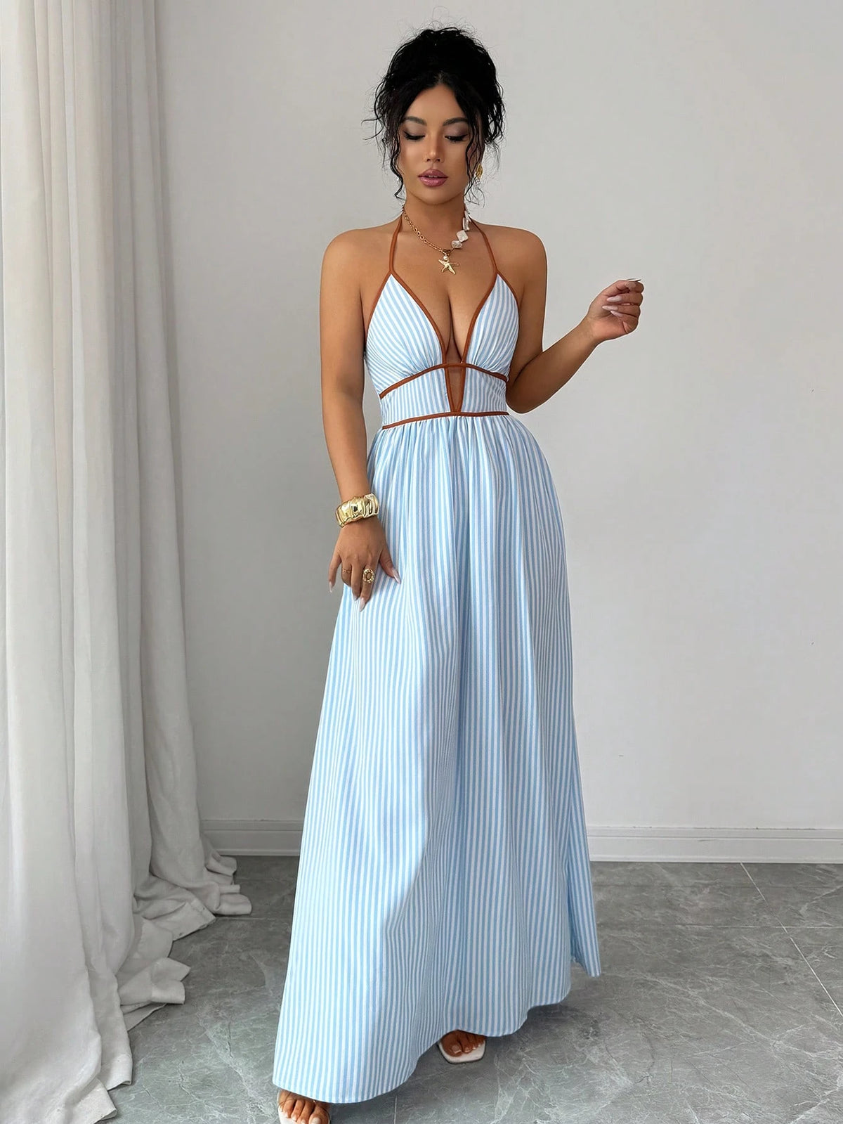 Elenzga Women's Vacation Striped Plunging Neck Sexy Halter Dress