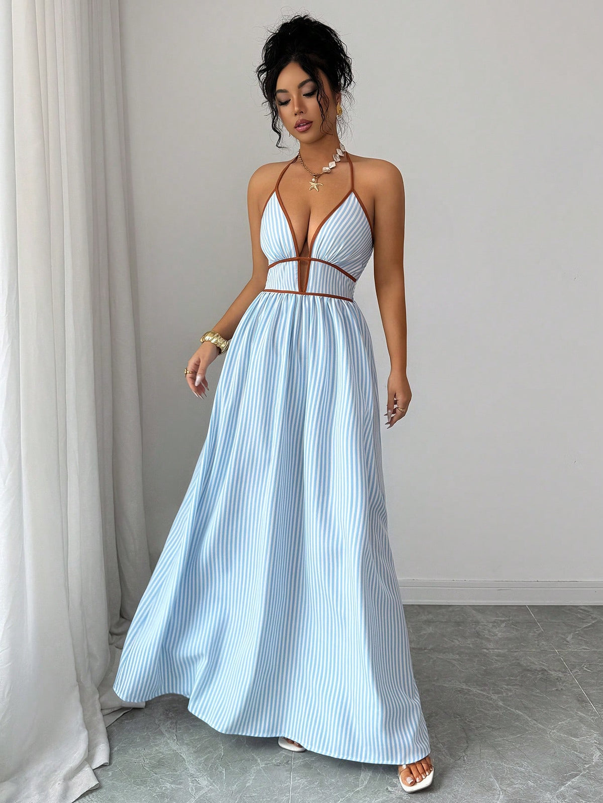 Elenzga Women's Vacation Striped Plunging Neck Sexy Halter Dress